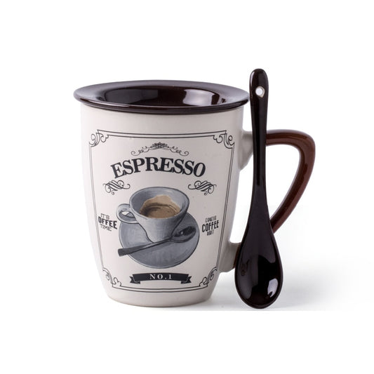 Ceramic coffee mug, lid and spoon set. Expresso